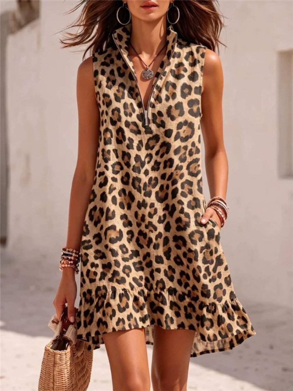 Sleeveless Leopard Print Zipper-Neck Ruffle Hem Mini Dress